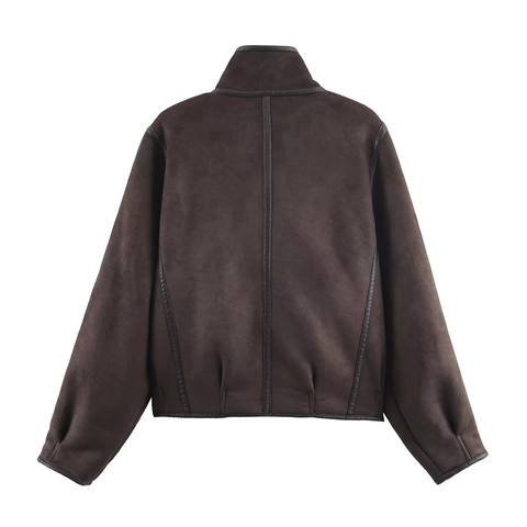 Chaqueta Biker De Gamuza Sintética Para Mujer Forrada Con Piel Sintética Cuello Alto Color Sólido Streetwear Abrigo Casual Con Cremallera
