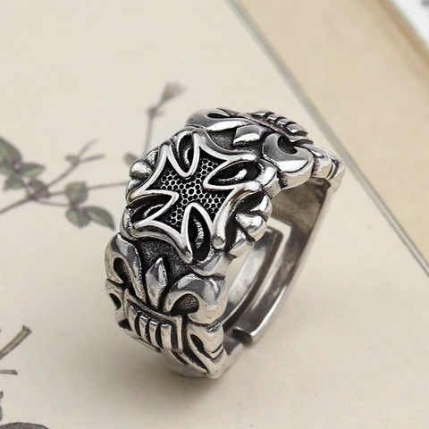 925 Sterling Versilberter Vintage Kreuz Open Ring Verstellbar Gothic Punk Hip Hop Retro Gravierter Schmuck Für Herren Damen