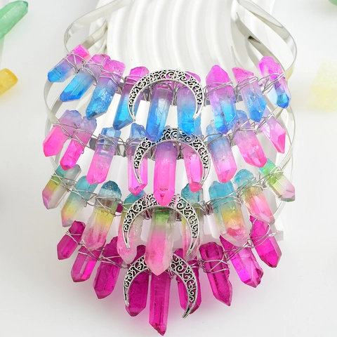 Natural Raw Crystal Moon Crown Tiara Headband Bohemian Quartz Stone Wire Wrapped Goddess Hair Jewelry For Cosplay Party