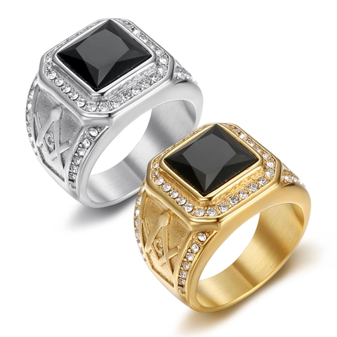 Anillo Sigillo Da Uomo Acciaio Inossidabile Massonico Quadrato Zirconia Colorata Intarsiata Vintage Hip Hop Gioielli