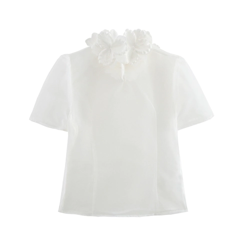 Damen Weiße Organza Bluse Kurzarm Oberteil Mit 3D Blumenapplikation Halbtransparent Süßes Sommerhemd Für Frauen