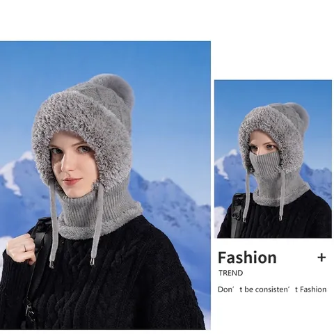 Bonnet En Tricot D'Hiver Pour Femmes Avec Écharpe Masque Intégré Doublé Polaire Fausse Fourrure Chaud Pompon Balaclava