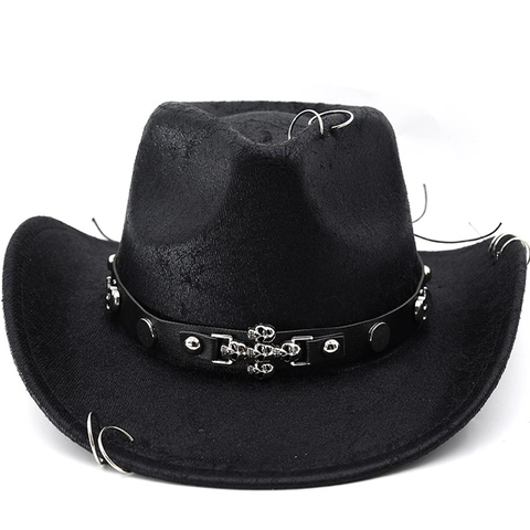 Chapeau De Cowboy Occidental Daim Synthétique Anneaux Métalliques Crâne Rivets Style Punk Gothique Accessoires Fête