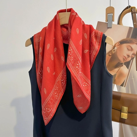 Red Paisley Print Bandana Polyester Square Scarf Vintage Ethnic Style Fashionable Neck Head Wrap Accessory Women