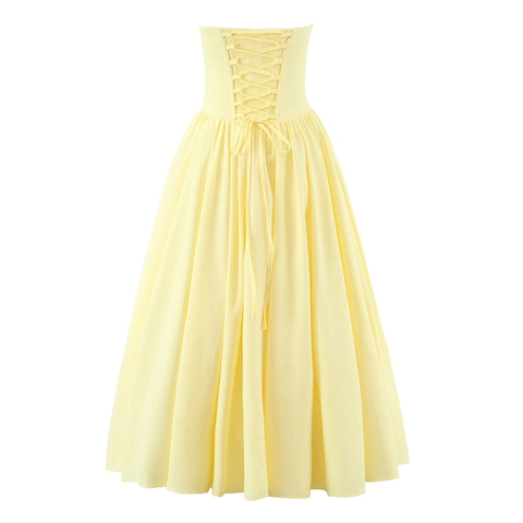 Women Vintage Corset Tube Top Dress With Bow Elegant Boning Pleated High Waist A-Line Midi Dress For Party Casual