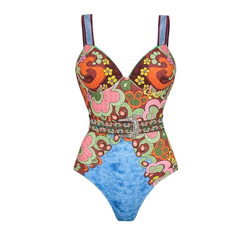 Women Retro Bohemian Print One Piece Swimsuit And Long Skirt Nylon Deep V Neck Belted Summer Beachwear