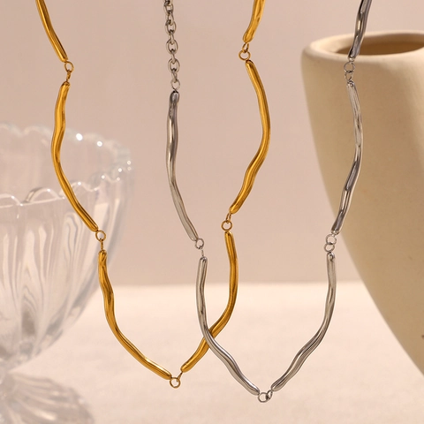 Irregular Wave Segmented Ketting Roestvrij Staal 18K Verguld Minimalistisch Geometrisch Gewricht Design Voor Vrouwen Stijl