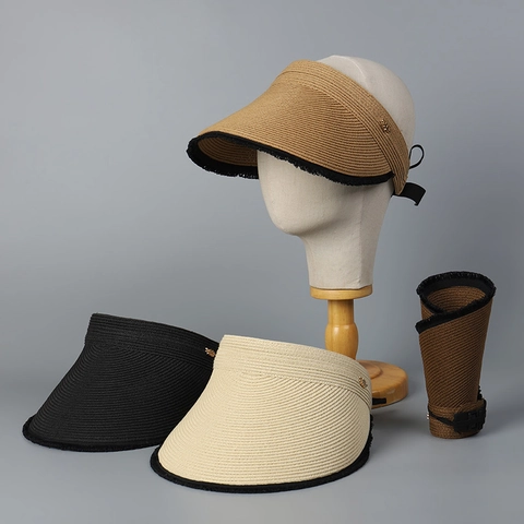 Women Sun Visor Straw Hat Foldable Open Top Wide Brim Tassel Edge Gold Leaf Decor Adjustable Summer Beach