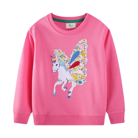 Girls Long Sleeve Sweatshirt Combed Cotton Unicorn Floral Applique Pullover Casual Kids Top