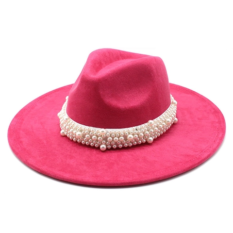 Elegante Cappello Fedora A Tesa Larga Scamosciato Feltro Di Lana Fascia Di Künstliche Perle Stile Jazz Vintage Donna