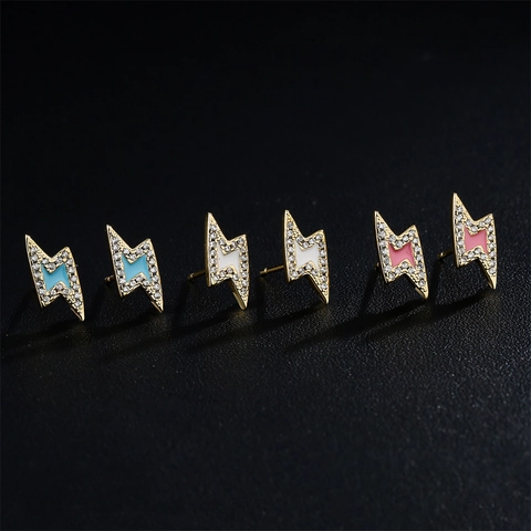 Lightning Bolt Stud Earrings Copper 18K Gold Plated Zircon Colorful Enamel Geometric INS Style Jewelry For Women