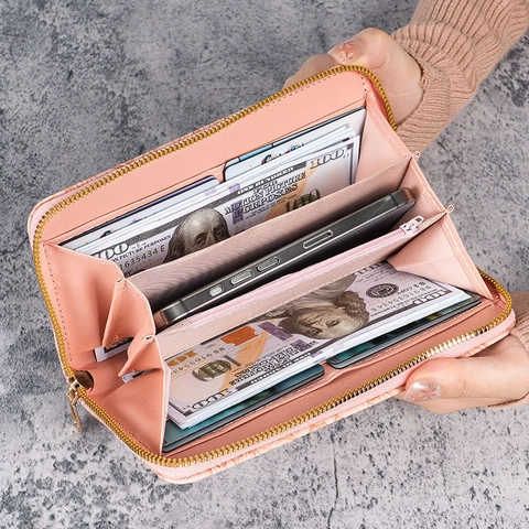 Women Long Wallet Floral Embossed PU Leather Zipper Around Clutch Bag With Wristlet Strap Large Capacity Card Slots Phone Pocket
