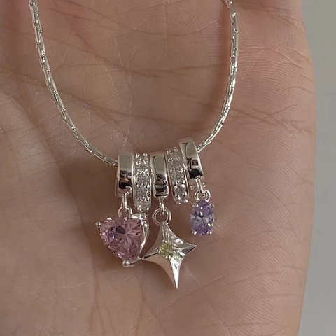 Fantasie Stern Herz Anhänger Halskette Für Damen Kupfer Galvanisiert Strass Stern Herz Schlüsselbeinkette Schmuck Geschenk