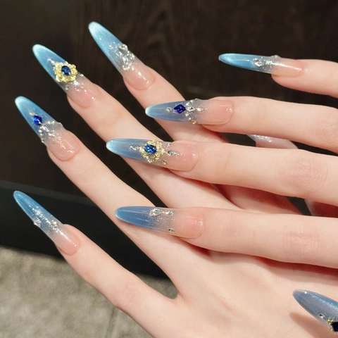 Vintage Luxe Blauw Gradiënt Cat Eye Press On Nagels Met 3D Bedels En Steentjes Handgemaakte Kunstnagels Royal Stijl