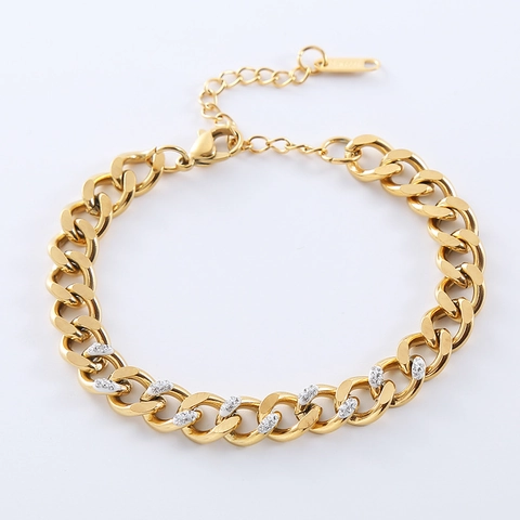 Dames Cubaanse Schakelarmband Van 316L Roestvrij Staal Met Zirkoon Vintage 18K Verguld Veelzijdige Sieraden