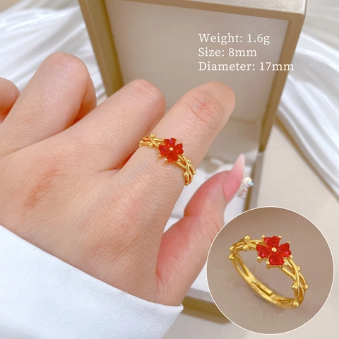 Glücksklee Ring Roter Herz Zirkon Vergoldetes Messing Verstellbares Offenes Band Eleganter Schmuck Frauen Geschenk