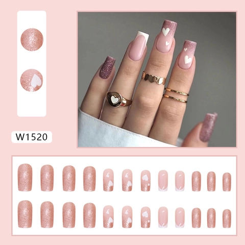Artificial Press On Nails Pink Glitter Heart Pattern French White Tip Gradient Square Shape Sweet Style Girl