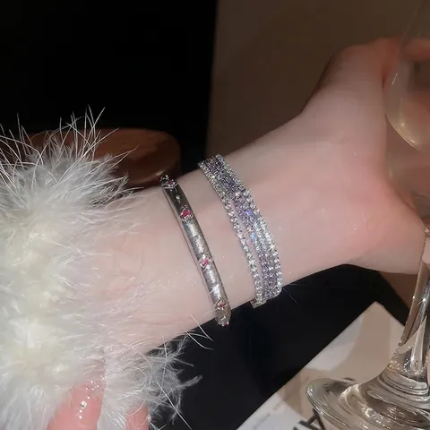 Elegant Copper Zircon Multi Layer Tennis Bracelet And Brushed Texture Cuff Bangle Luxury Fashion Jewelry For Women