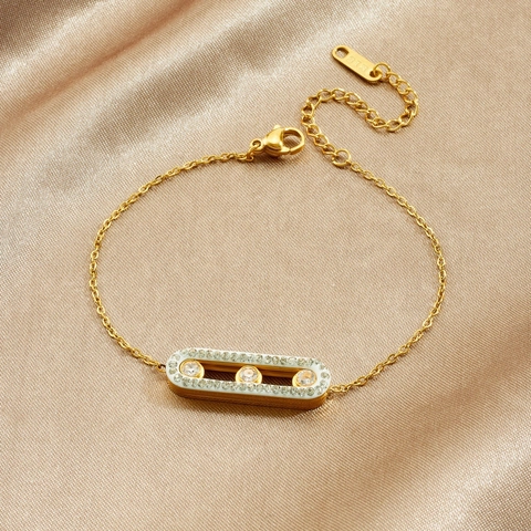 Bracciale Con Pendente Rettangolare Geometrico In Acciaio Inossidabile Placcato Oro Pietre Zircone Scorrevoli Catena Regolabile