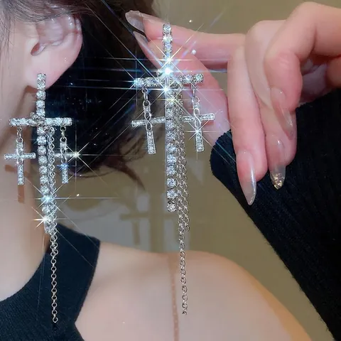 Orecchini Pendenti Nappa Croce Strass Rame Con Perno Argento Lunghi Luccicanti Moda Donne