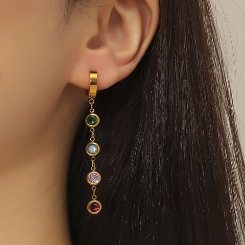 Stainless Steel Tropfenohrringe 18K Vergoldet Bunte Zirkon Lange Quaste Geometrische Baumeln Für Frauen Süßer Stil