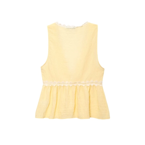 Women Lace Trim V-Neck Tank Top Button-Down Sleeveless Peplum Hem Ruffle Casual Summer Polyester Camisole Yellow