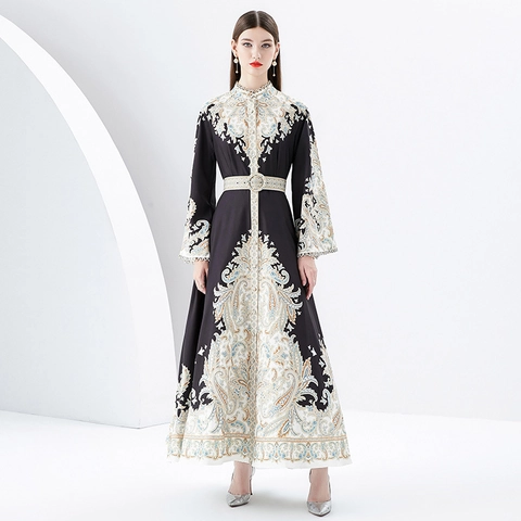 Abito Maxi Royal Vintage Donna Chiffon Manica A Campana Stampa Paisley Barocco Collo Alto Cintura Elegante Linea A Lungo