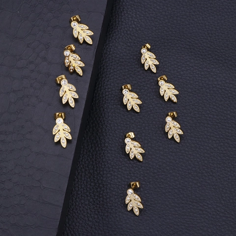 Pendientes De Botón Con Forma De Hoja Acero Inoxidable Cristal Circonita Joyería De Planta Creativa Para Mujeres