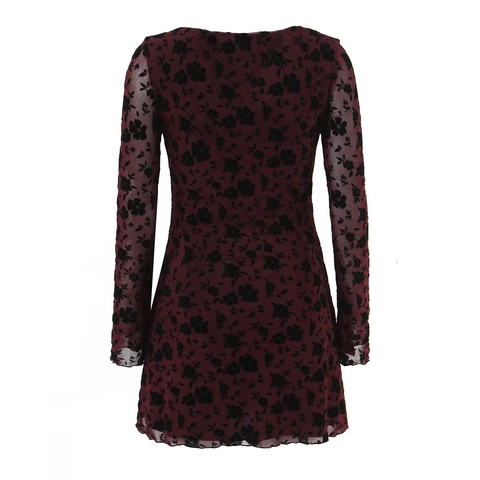 Mini Kleid Mesh Langarm Floral Beflockt Samt Schnürung Schlank Retro Party Club Damen Elegant Dunkelrot