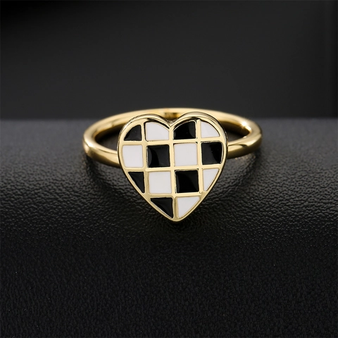 Vintage Heart Adjustable Open Ring 18K Gold Plated Copper Black White Checkerboard Enamel Jewelry For Women