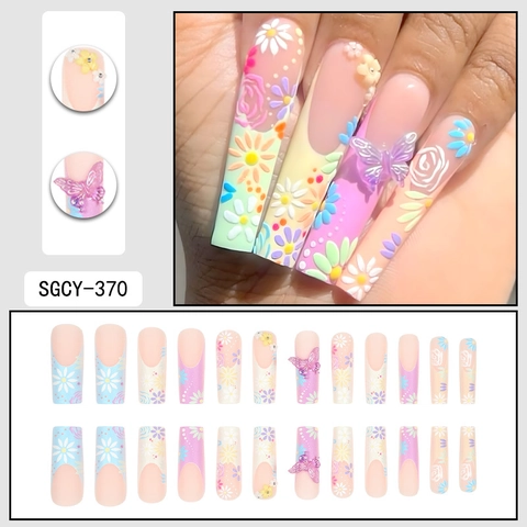 Extra Long Press On Nails Blue French Macaron 3D Embossed Flower Butterfly Decor False Nails Sweet Summer Style
