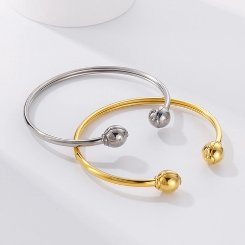 Brazalete Abierto De Acero Inoxidable Minimalista Con Extremos Esféricos Joyería Geométrica Pulida Para Mujeres
