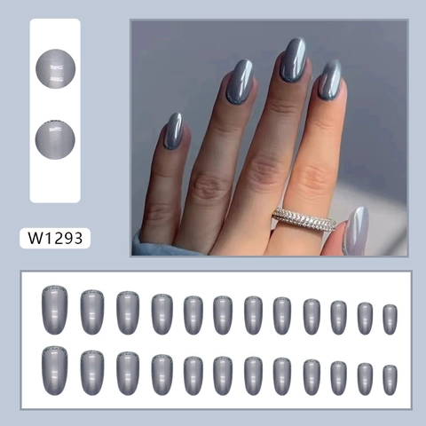 Unghie Finte Aurora Grigio Argento Occhio Di Gatto Ovali Testa Rotonda Laser Metallico French Glitter Tips Manicure Lusso