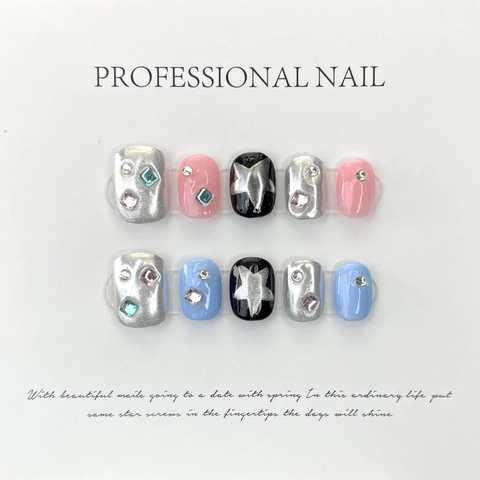 Handgefertigt Y2K Stern Press On Nails Rosa Blau Kontrastfarbe Strass Metallic Künstliche Nägel Für Damen Sweet Cool Stil