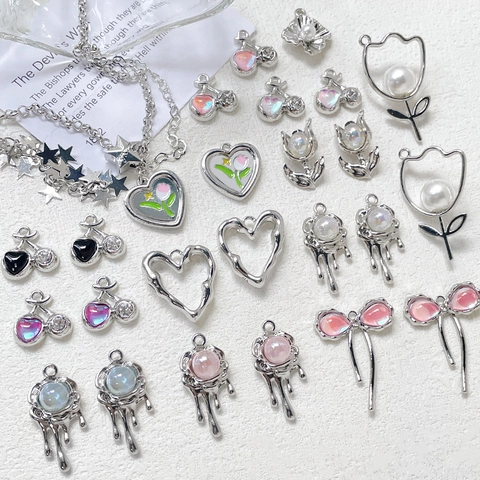 Dijes Joyería DIY Aleación Resina Perla Artificial Faux Corazón Cereza Tulipa Lazo Estilo Dulce Y2K Para Collares Pulseras Hechos A Mano