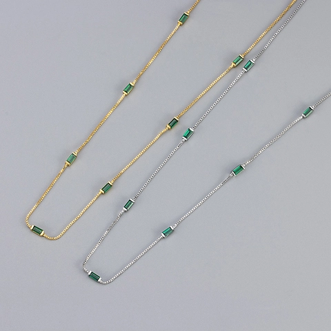 Collana Minimalista Zircone Smeraldo Taglio Baguette Gemma Verde Rame Catena Scatola Gioielli Per Donna