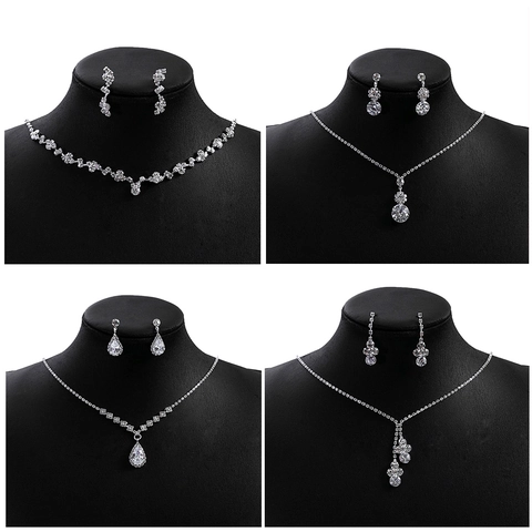 Zircon Flower Wedding Necklace And Earrings Set Rhinestone Water Drop Tassel Bridal Evening Jewelry Copper Silver Color