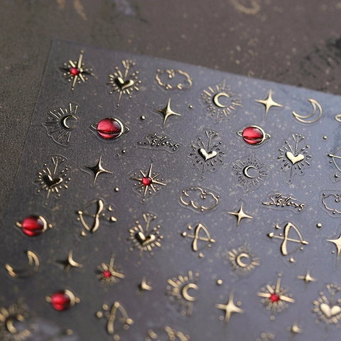 Nail Art Stickers 3D Embossed Gilded Gold Red Celestial Starry Sky Star Moon Heart Planet Cloud Adhesive Back Sweet Cool