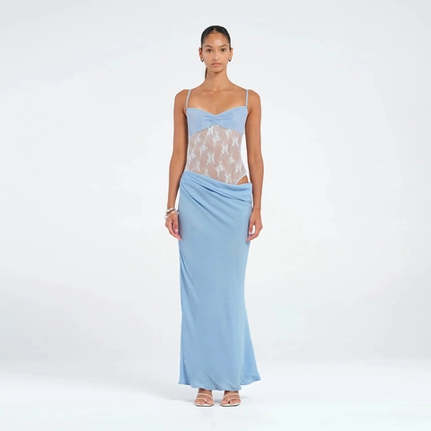 Women Lace Patchwork Cotton Linen Maxi Dress Sexy Spaghetti Strap High Waist Bodycon Summer Streetwear Party Pink Blue