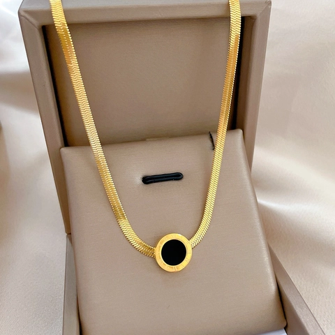 Halsketting Met Ronde Hanger En Romeinse Cijfers Titaniumstaal Verguld Minimalistisch Vintage Slangenketting