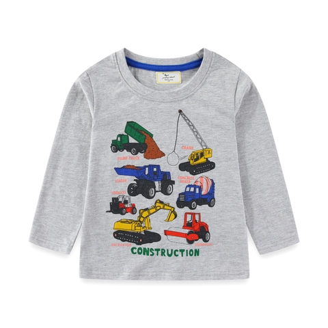 Boys Long Sleeve T-Shirt Cotton Breathable Construction Vehicle Excavator Print Casual Crew Neck Top