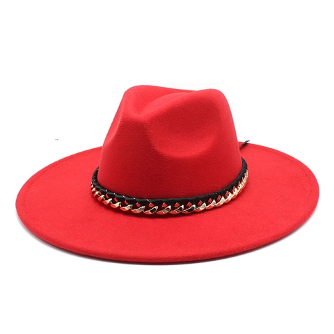 Cappello Fedora In Lana Vintage Tesa Larga Piatta Design Heart Top Jazz Cap Con Catena In Metallo Dorato E Pelle Nera