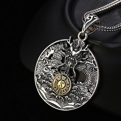 925 Sterling Silver Dragon Pendant Necklace Vintage Thai Silver Tai Chi Bagua Round Medallion Hollow Jewelry For Men Women