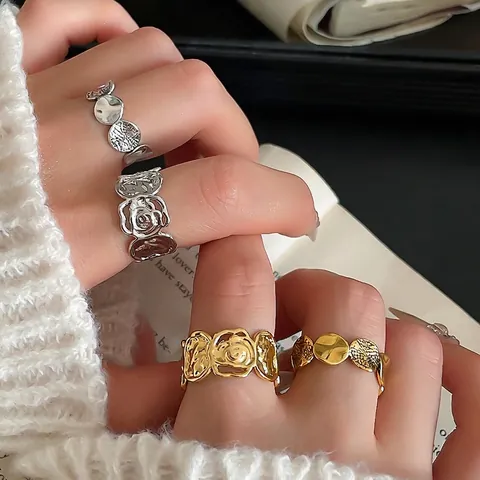 Rose Flower Irregular Texture Copper Open Adjustable Ring Vintage Geometric Jewelry For Women