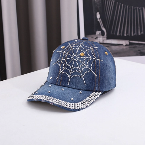 Casquette De Baseball En Denim Motif Toile D'araignée En Strass Rivet Punk Streetwear Chapeau Réglable Unisexe