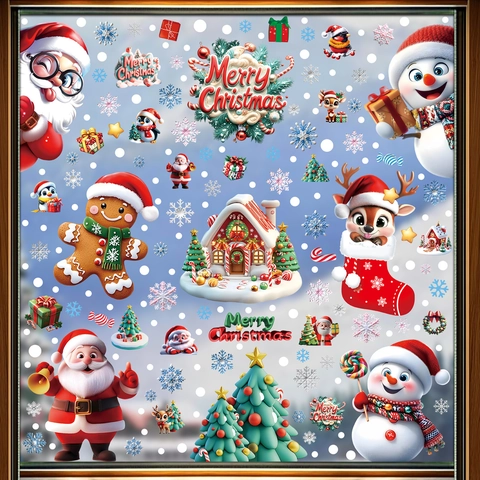Christmas Window Stickers Static Cling PVC Reindeer Snowman Santa Claus Snowflakes Holiday Glass Decals For Decoration