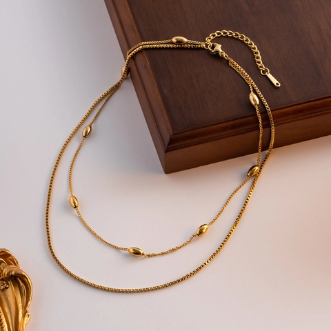 Collana Doppio Strato In Acciaio Inossidabile Per Donna Placcata Oro Perle Ovali Catena Box Gioielli Vintage Minimalisti Impermeabile