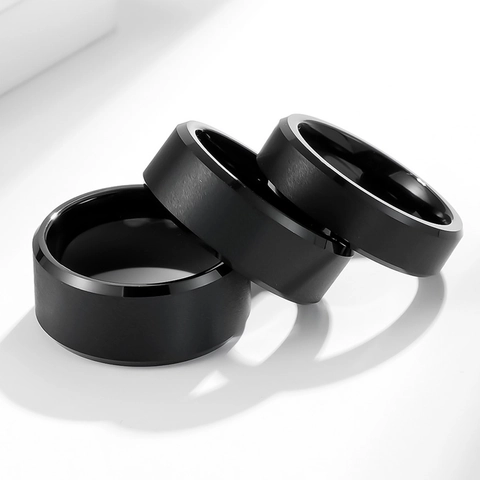 Anello In Acciaio Al Tungsteno Nero Per Uomo Donna Finitura Opaca Spazzolata Bordi Smussati Lucidati Gioielli