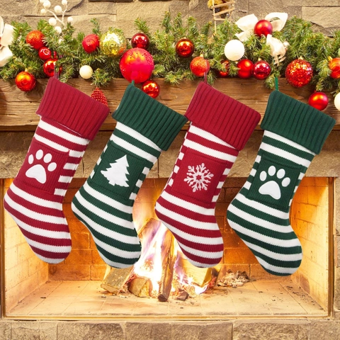 Knitted Striped Christmas Stockings With Paw Snowflake Tree Patterns Festive Gift Bags For Fireplace Mantel Decor
