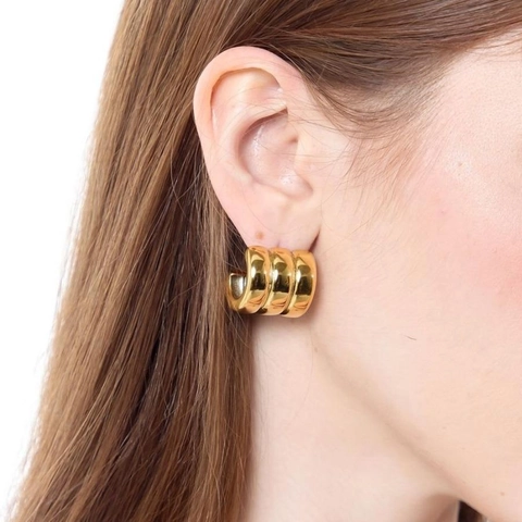 Ribbed C Shaped Hoop Earrings 18K Gold Plated Stainless Steel Multi Layer Geometric Minimalist Jewelry For Women
